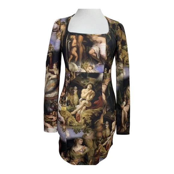 PrettyLittleThing PLT Mini Dress Renaissance Print Long Sleeve Brown Mix Scuba - Picture 11 of 14